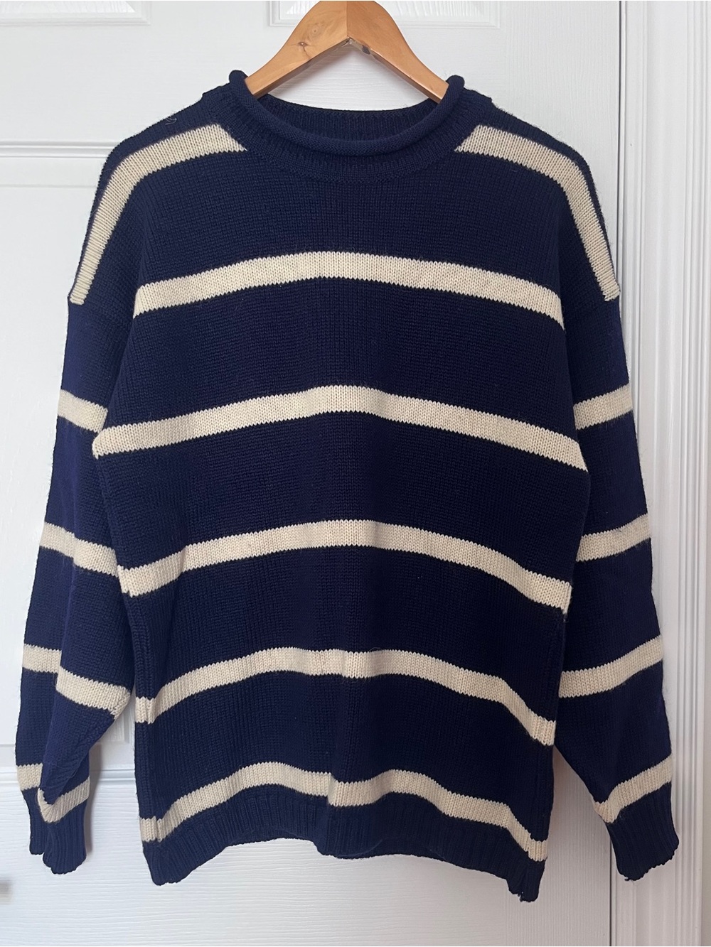 Nor’Easterly Tradition Rolled Neck Wool Striped Navy and Cream Sweater